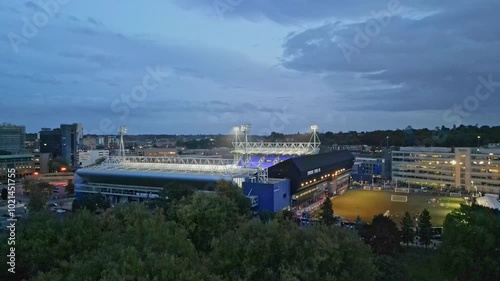 4k drone footage of Portman Road, home of Ipswich Town FC, at night in Suffolk, UK
