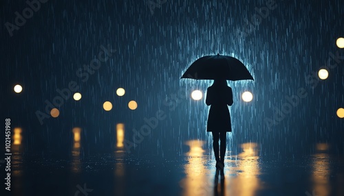 Wallpaper Mural Silhouette of a person with an umbrella in the rain against a moody, illuminated background. Torontodigital.ca