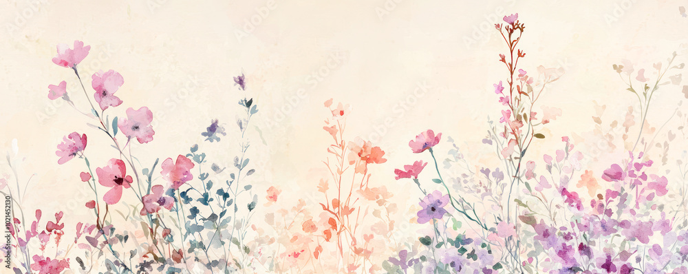 Delicate wildflowers in pink and purple hues, watercolor style illustration with soft pastel tones. Delicate wildflowers in pink and purple hues, watercolor style illustration with soft pastel tones.