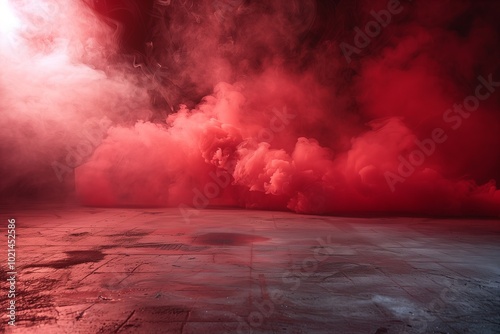 Concrete floor and red smoke, empty space