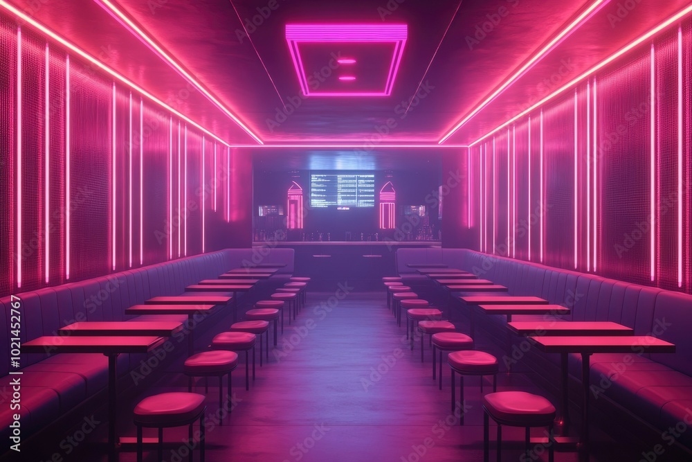 Neon-lit Bar Interior with Booth Seating and Stools Neon-lit Bar Interior with Booth Seating and Stools