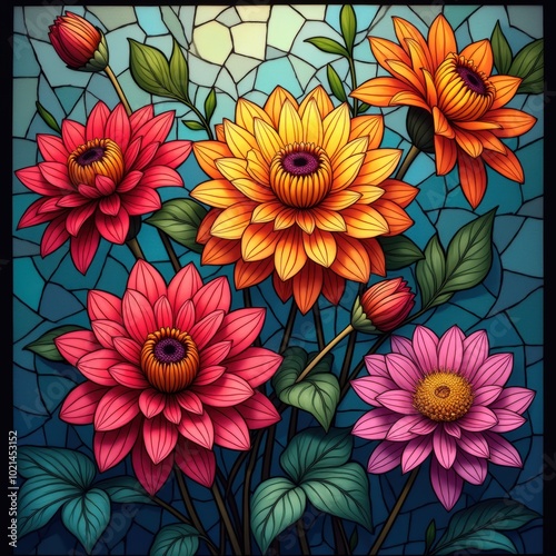 Vibrant stained glass featuring colorful blossoms, perfect for floral designs, home decor, and artistic projects.