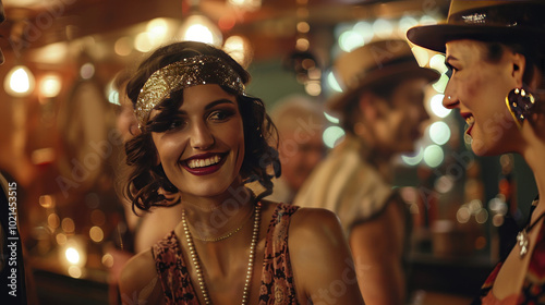 A lively 1920s-themed photoshoot with models wearing drop-waist dresses, headbands, and long strands of pearls, set in a retro speakeasy. photo