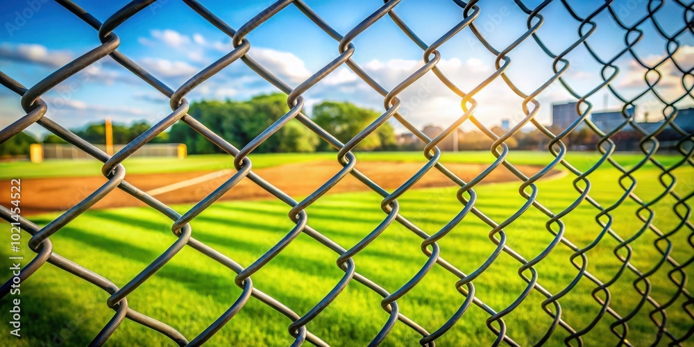 Fototapeta premium A close-up of a chain link fence with a baseball field in the background, the setting sun peeks through the fence and shines on the green grass.