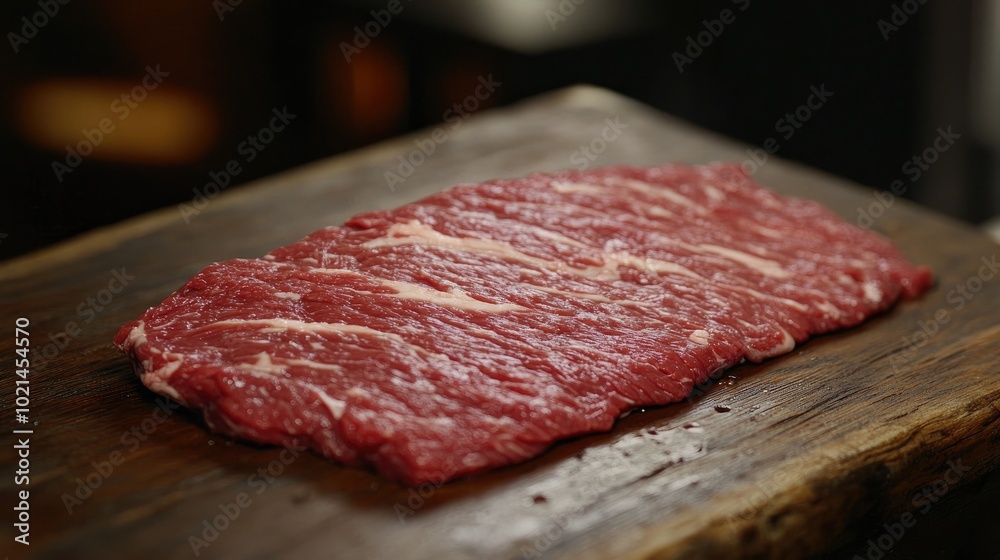 Close up of raw beef top side on a rustic wooden board Close up of raw beef top side on a rustic wooden board