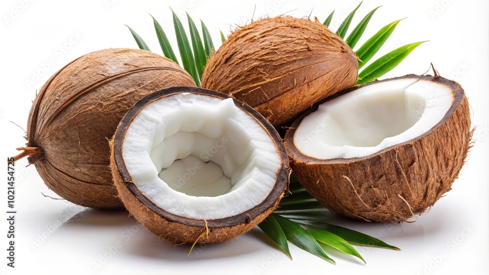 Fresh Coconuts Cut Open on Tropical Background Fresh Coconuts Cut Open on Tropical Background
