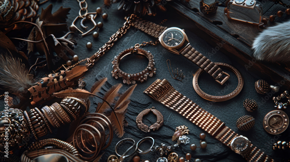 A luxury jewelry spread, with detailed shots of bracelets, rings, and watches arranged artfully against rich textures and soft lighting A luxury jewelry spread, with detailed shots of bracelets, rings, and watches arranged artfully against rich textures and soft lighting
