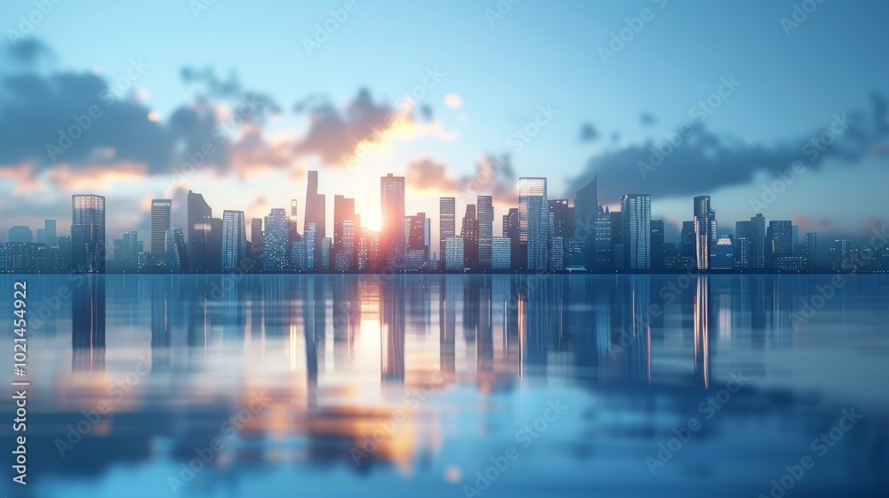 Fototapeta premium Sunrise over a Modern City Skyline Reflected in Water
