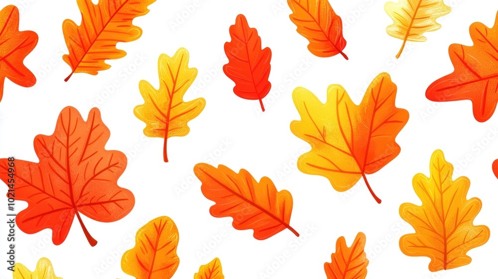 Fototapeta premium Autumn Leaves Seamless Pattern Fallen Leaves Seamless Design Colorful Autumn Leaves Isolated On White Stylish Flat Illustration With Digital Stamp Effect
