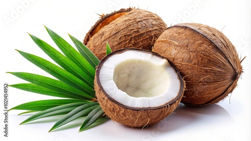 Fresh Cut Coconuts with Tropical Leaves Display