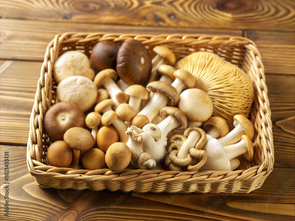 Wicker Tray with Raw Mushrooms Wicker Tray with Raw Mushrooms
