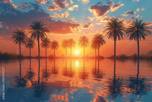 Fototapeta Naklejka Na Ścianę i Meble -  tropical palm sunset sea sky summer travel sunrise nature sun ocean beach landscape