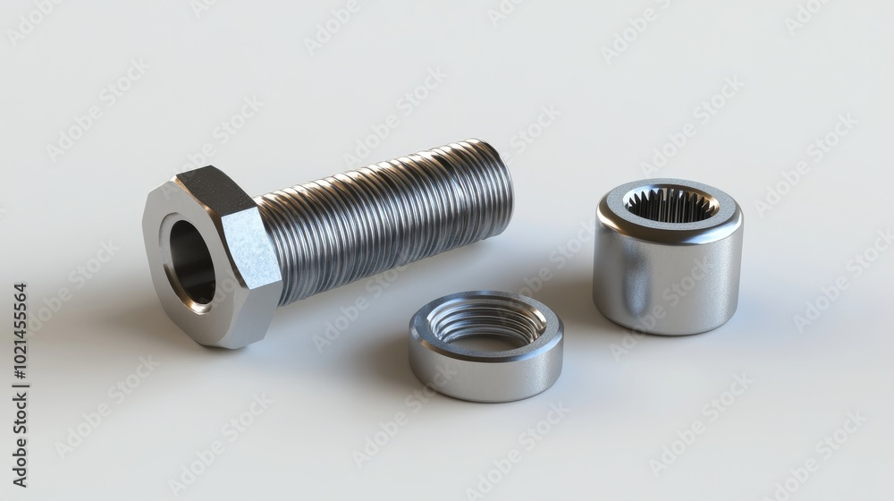 3D rendering of a bolt accompanied by a washer and nut placed on a white background 3D rendering of a bolt accompanied by a washer and nut placed on a white background