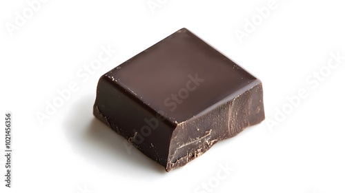 Single square of dark chocolate on a white background.