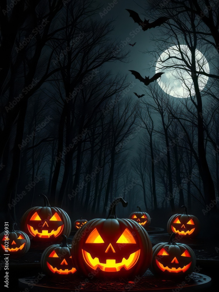 Dark spooky forest, full moon, glowing jack-o-lanterns, Halloween night, eerie atmosphere, silhouetted trees, flying bats, misty background, orange and blue contrast, carved pumpkins, shadowy woods, m Dark spooky forest, full moon, glowing jack-o-lanterns, Halloween night, eerie atmosphere, silhouetted trees, flying bats, misty background, orange and blue contrast, carved pumpkins, shadowy woods, m