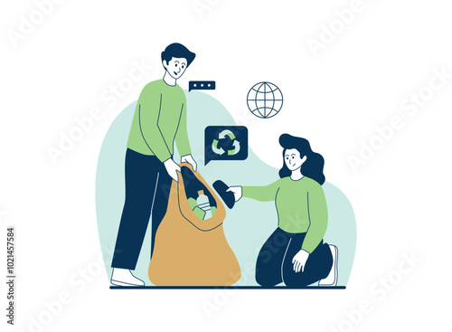 Two people picking up trash