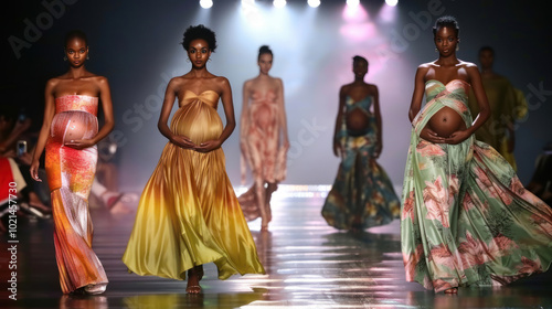 A runway show featuring bespoke maternity couture, with models walking in flowing designs that blend comfort with high-end fashion under sleek lighting photo