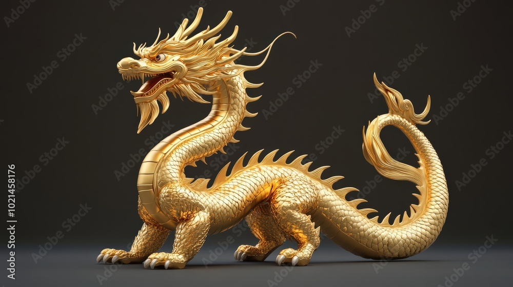 Obraz premium Gold Dragon. Chinese Fantasy Animal in Bend Body Pose with Asian Influence
