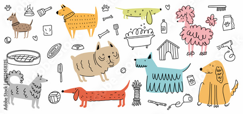 Vector collection of various dog breeds and grooming items, hand-drawn in doodle style