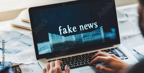 A man reads news on his laptop with the words fake news presented in an online newspaper.