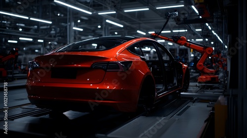 A red car on an assembly line in a factory.
