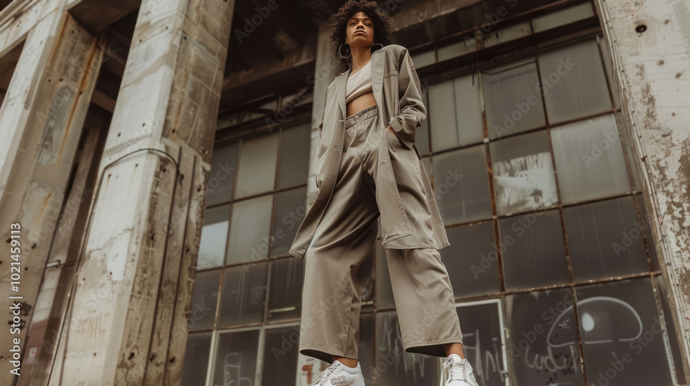 A sleek and minimalist 1990s-inspired look with a model in a slip dress, oversized blazer, and vintage sneakers, posing in front of an industrial background. A sleek and minimalist 1990s-inspired look with a model in a slip dress, oversized blazer, and vintage sneakers, posing in front of an industrial background.
