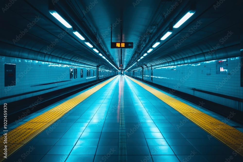 Empty Subway Platform with Yellow Warning Strips Empty Subway Platform with Yellow Warning Strips