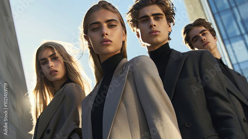 A sleek editorial featuring luxury brand clothing on models posing in a high-end, modern urban setting, highlighting exclusivity and sophistication photo