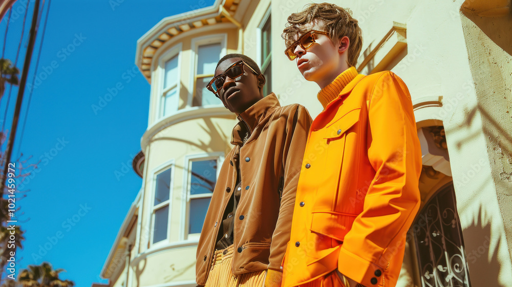 Naklejka premium A sleek editorial showcasing a fusion of 1960s mod style with modern streetwear, shot in an art-deco themed neighborhood.