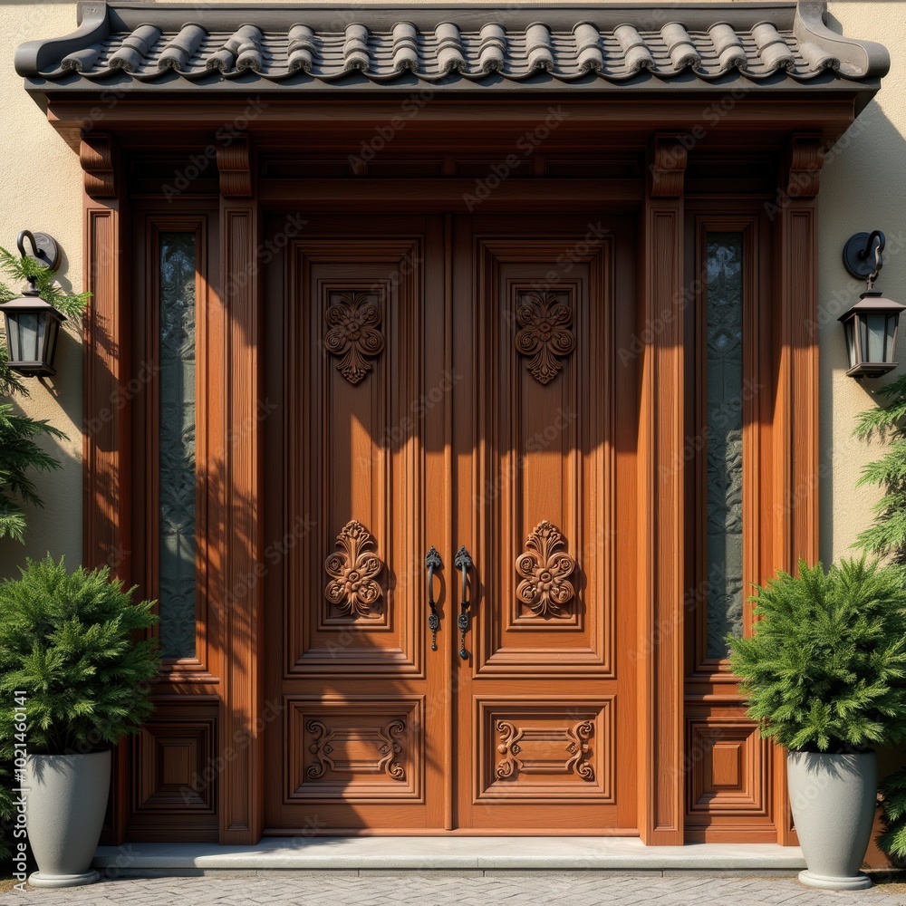 Fototapeta premium Elegant wooden double doors with intricate carvings, surrounded by lush greenery and lanterns, showcasing a blend of traditional and modern architectural style.