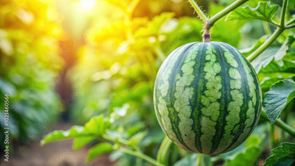 A Single Ripe Watermelon Hanging From Its Vine in a Lush Garden Under the Warm Glow of the Summer Sun A Single Ripe Watermelon Hanging From Its Vine in a Lush Garden Under the Warm Glow of the Summer Sun