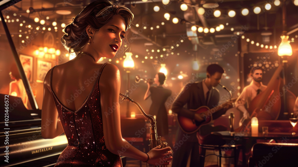 A sophisticated woman in a 1950s cocktail dress, enjoying a lively evening at a retro jazz club, with soft lighting and live musicians in the background. A sophisticated woman in a 1950s cocktail dress, enjoying a lively evening at a retro jazz club, with soft lighting and live musicians in the background.