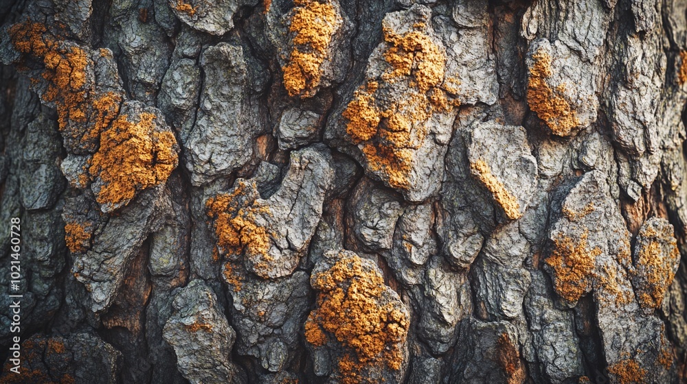 Close-up of tree bark with rough texture and patches of orange lichen. Close-up of tree bark with rough texture and patches of orange lichen.
