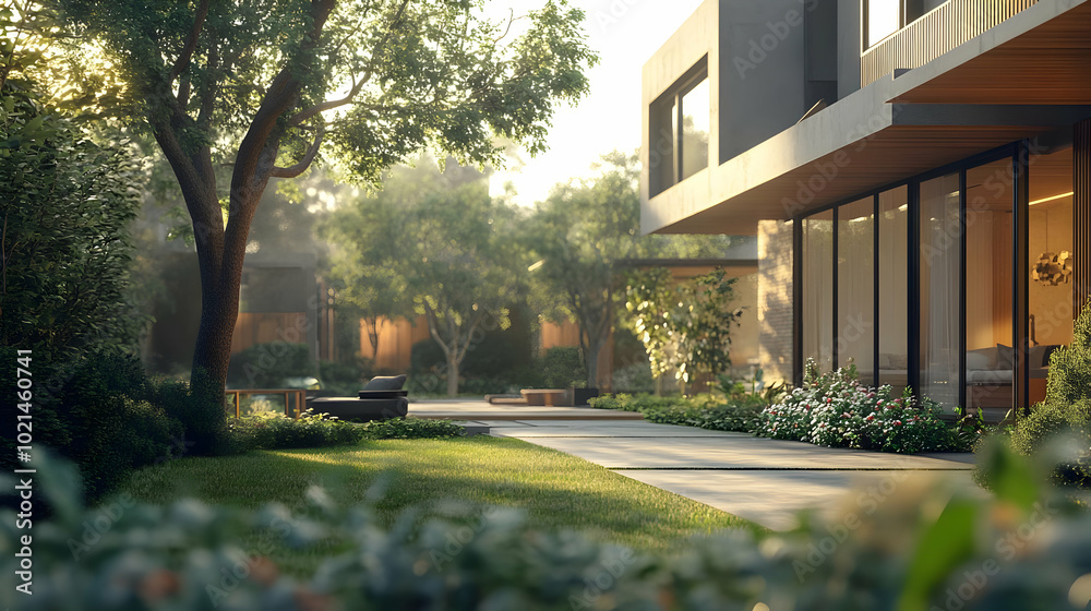 Modern Home Exterior Design: 3D Rendering of a House with a Lush Garden Modern Home Exterior Design: 3D Rendering of a House with a Lush Garden