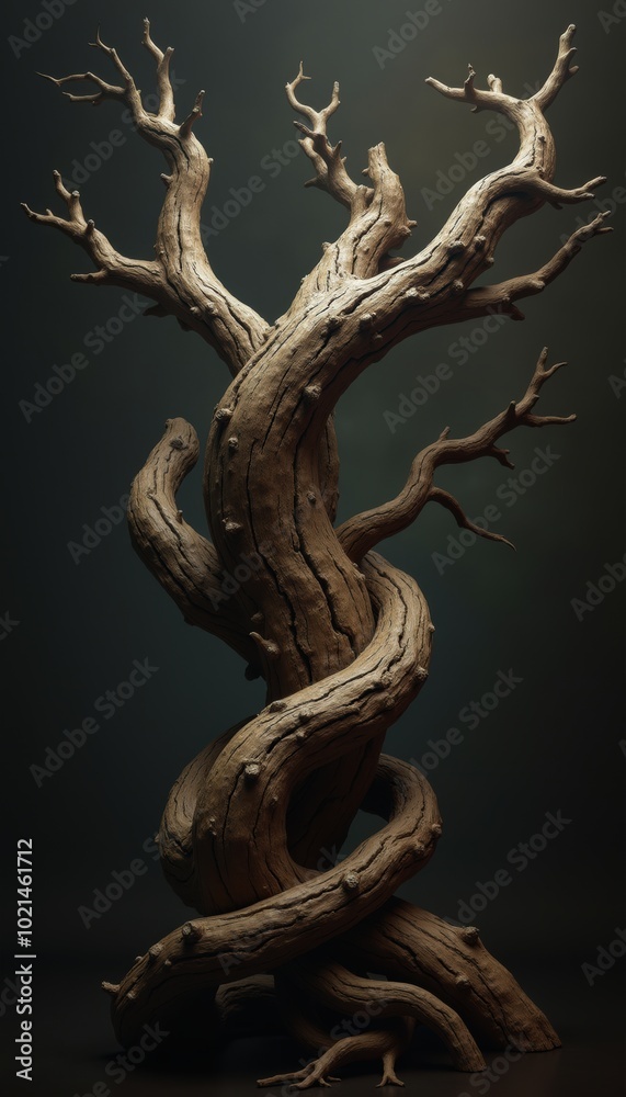 A striking, twisted tree sculpture with intricate details, perfect for nature themed projects, art installations, or as a backdrop for creative designs. A striking, twisted tree sculpture with intricate details, perfect for nature themed projects, art installations, or as a backdrop for creative designs.
