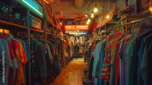 A vibrant retro clothing shop filled with racks of 1980s jackets, vintage band tees, and colorful skirts, bathed in warm, nostalgic lighting.