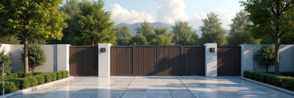 Obraz premium Modern entrance gate to a luxurious property, showcasing elegance and security amidst beautiful landscaping and scenic mountains in the background.