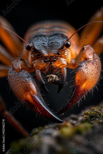 A close-up of a whip spider with its prey in its pincers, against a black background. photo