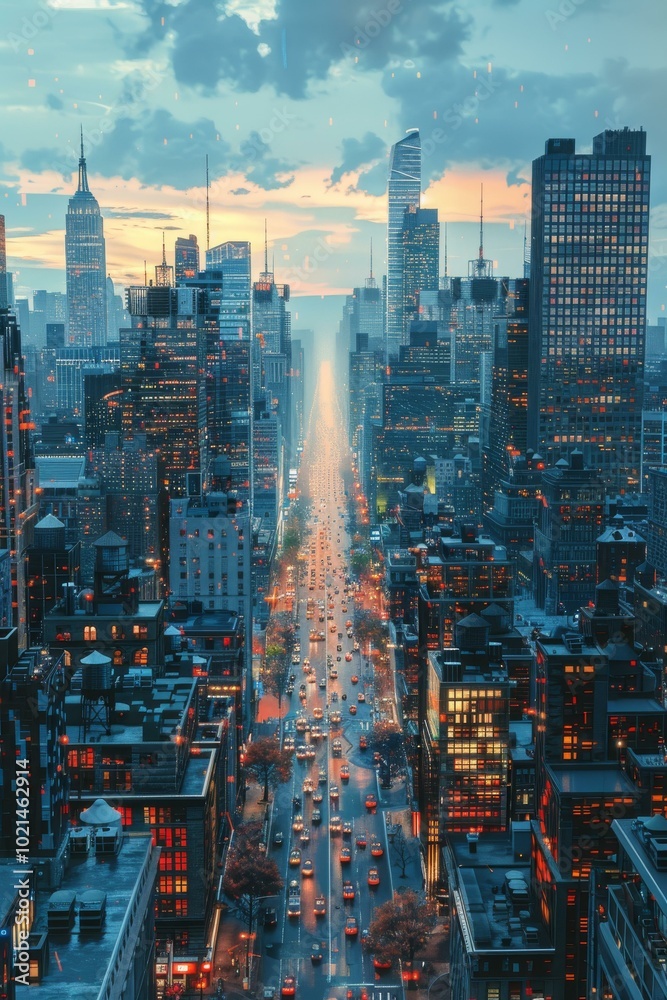Fototapeta premium Urban Skyline at Dusk with Traffic