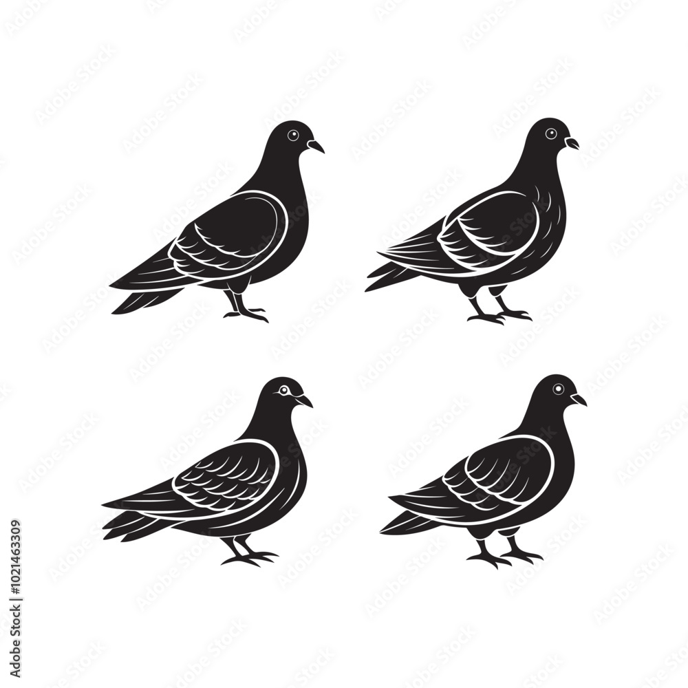 set of Pigeon silhouette vector, black and white silhouette, vector and illustration set of Pigeon silhouette vector, black and white silhouette, vector and illustration