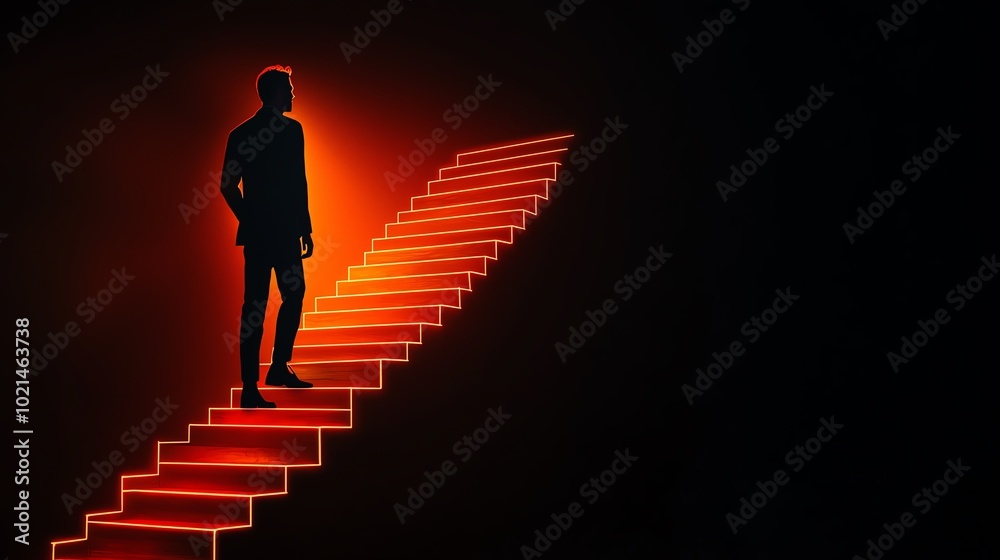 Silhouette of a person on illuminated stairs against a dark background, symbolizing ascent and personal growth. Silhouette of a person on illuminated stairs against a dark background, symbolizing ascent and personal growth.
