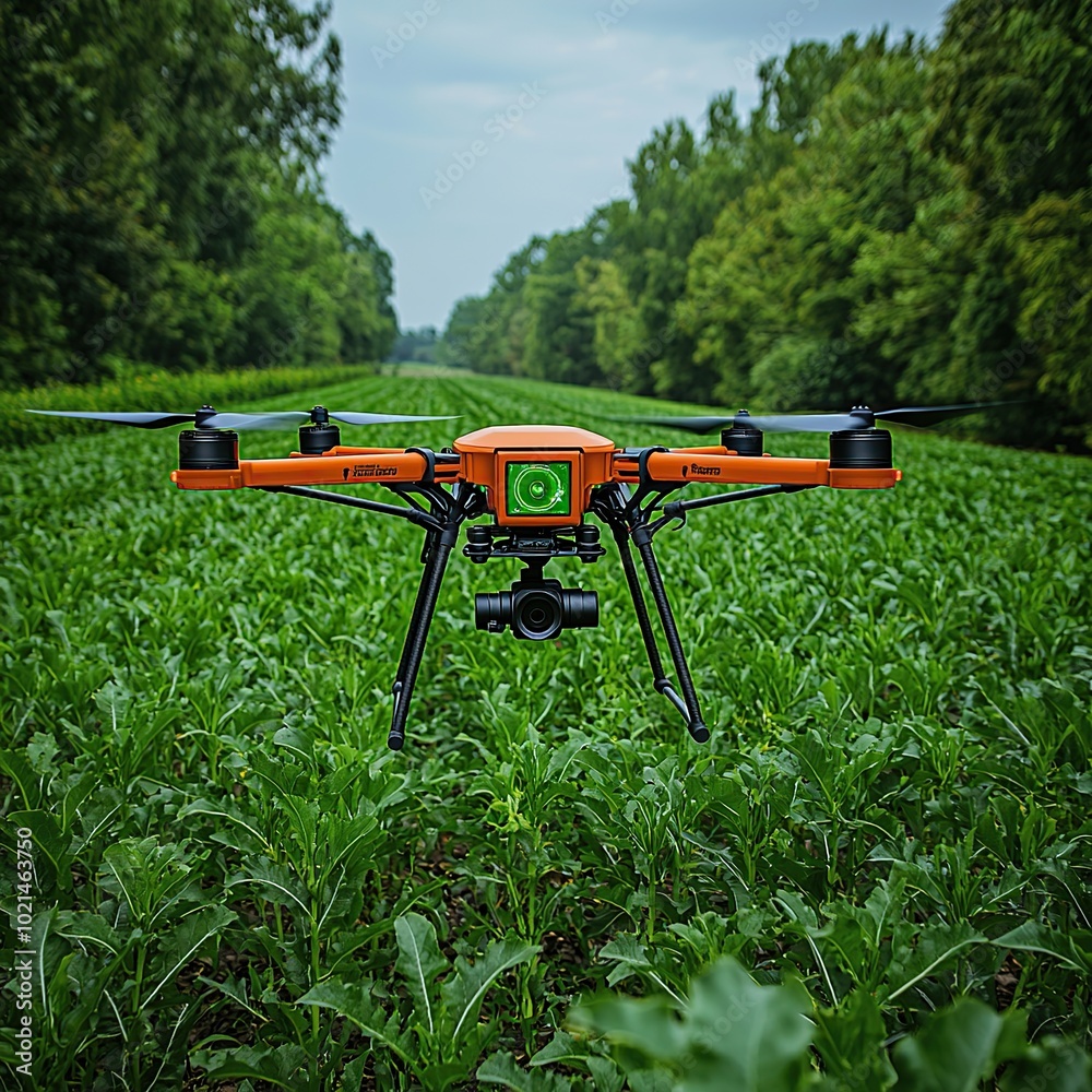 Drone flying over a field of crops. Drone flying over a field of crops.