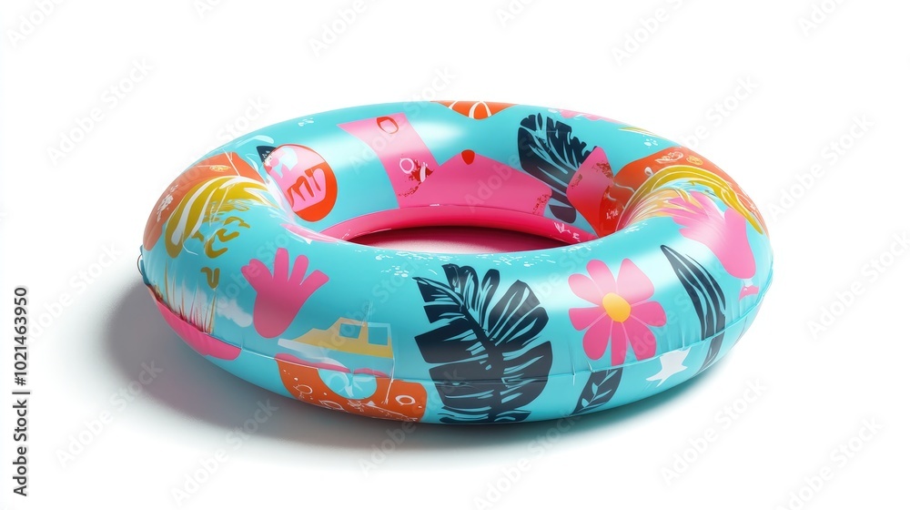 Cartoon style inflatable swim ring featuring summer and swimming themes created with 2D rendering techniques Digital illustration