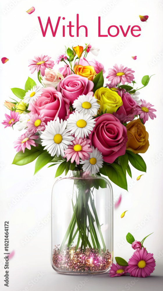 Obraz premium Bouquet of colorful flowers with With Love text on white background