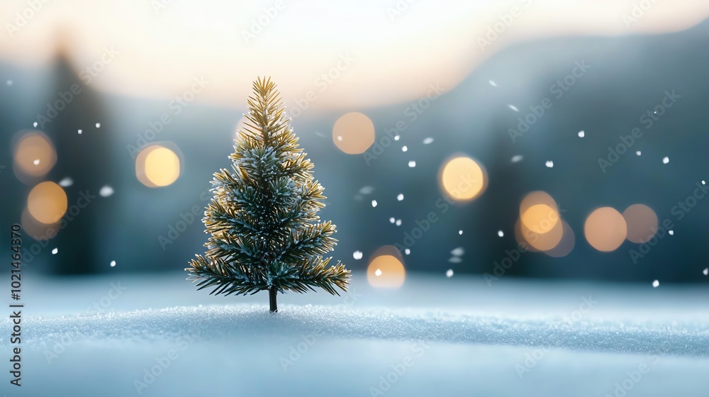 Naklejka premium A solitary Christmas tree stands in a snowy landscape, with soft bokeh lights in the background, creating a serene winter atmosphere.