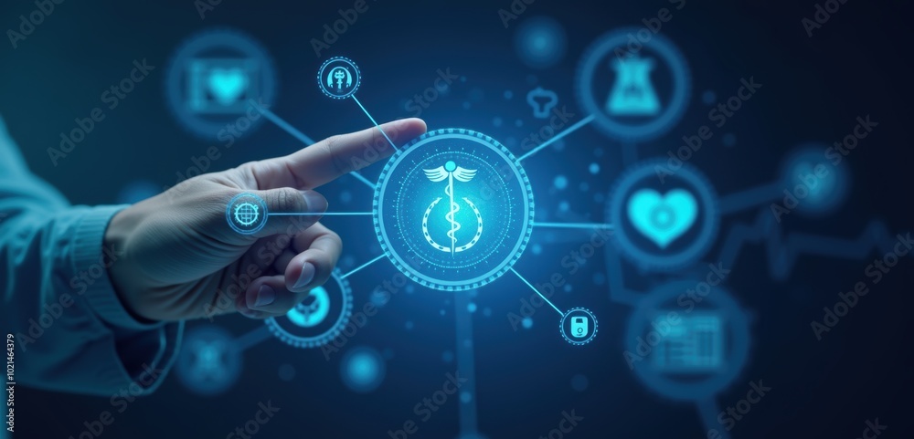 A hand pointing at a glowing seedling icon, surrounded by digital health and biotech symbols, representing innovation in healthcare and sustainable technology. A hand pointing at a glowing seedling icon, surrounded by digital health and biotech symbols, representing innovation in healthcare and sustainable technology.