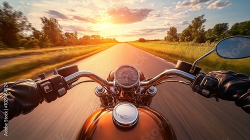 Scenic Motorcycle Ride at Sunset Over Open Road