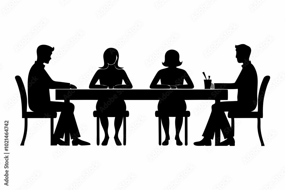 Group of people sitting around a long table, Sitting table flat silhouette vector
Group of people sitting around a long table, Sitting table flat silhouette vector