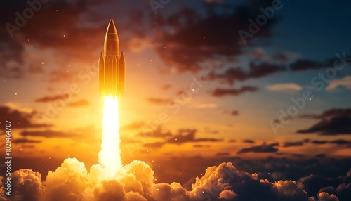 A rocket launching into a vibrant sunset sky, symbolizing exploration and innovation.