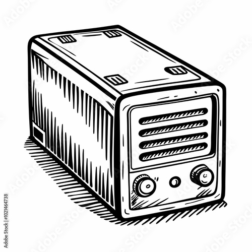 Vintage Retro Radio Illustration in Black and White with Classic Detailing